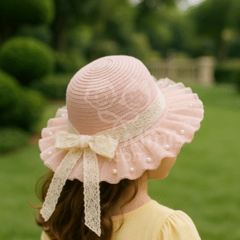 Girls Sun Hat & Bag Set | Lace Pearl Bow Summer Straw Cap for 3–8Y