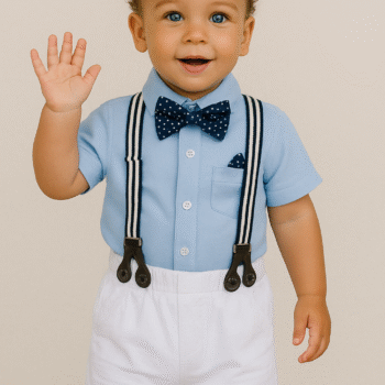 Baby Boy Gentleman Romper Set | Sky Blue Summer Bow Outfit with Shorts (3–24M)