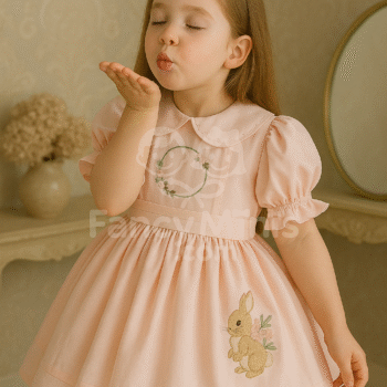 Baby Girls Pink Rabbit Embroidery Vintage Princess Dress | Summer Birthday, Casual & Eid Outfit (0–12Y)
