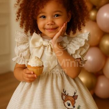 Baby Girl Beige Plaid Deer Embroidery Dress | Turkish Vintage Ball Gown for Easter, Eid & Birthday (1–6Y)