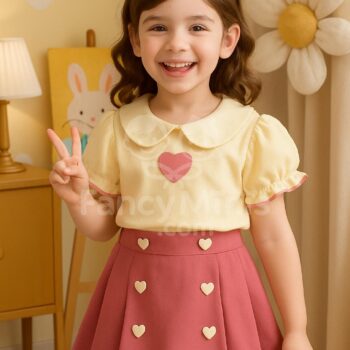 Girls Summer Heart Embroidery 2-Piece Set | Doll Collar T-Shirt + Shorts Outfit (3–8Y)