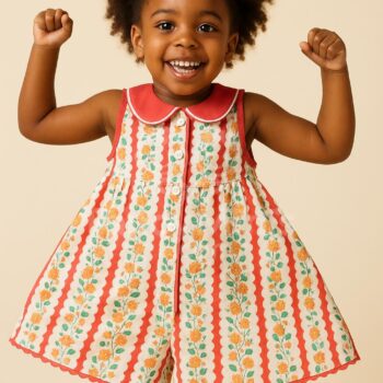 "Charming and sophisticated children’s clothing: a delicate, tailored outfit featuring intricate embroidery and soft pastel hues, perfect for special occasions."