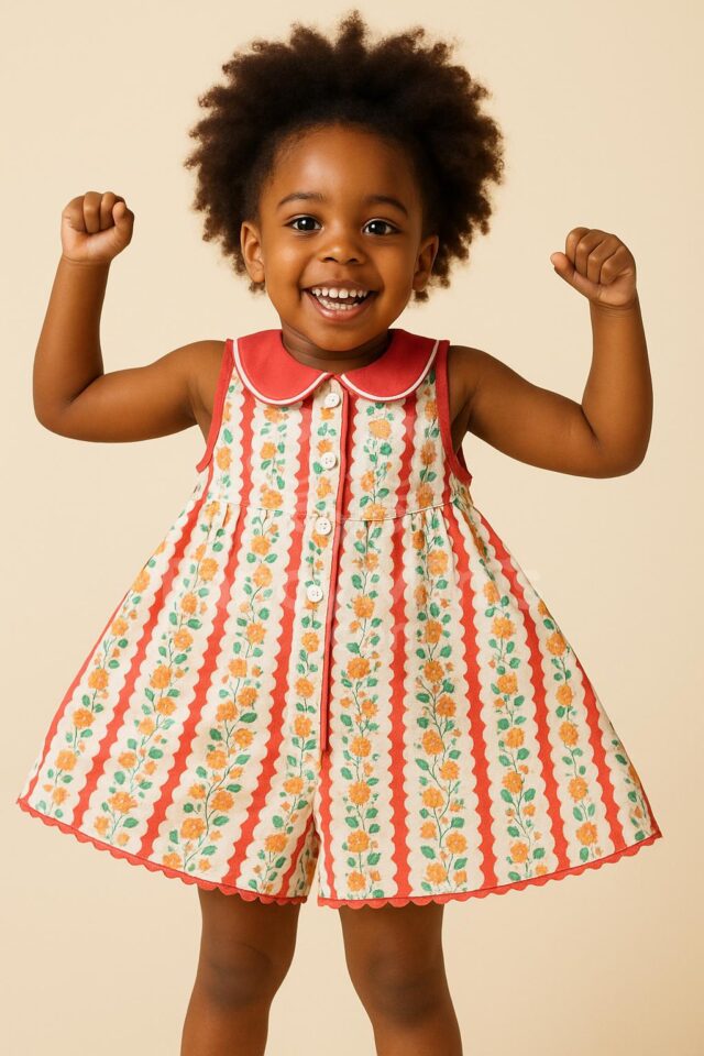 "Charming and sophisticated children’s clothing: a delicate, tailored outfit featuring intricate embroidery and soft pastel hues, perfect for special occasions."