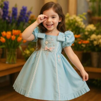 Light Blue Princess Dress for Girls – Puff Sleeve A-Line Gown with Beads for Parties & Performances (3–12Y)