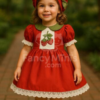 Strawberry Embroidered Red Princess Dress – Turkish Vintage Style for Girls (0–12Y)