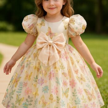 Lace Bow Flower Girl Dress | Short Sleeve Bridesmaid Summer Party Gown for Girls (1–7Y)