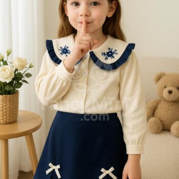 Bear Leader Girls Long Sleeve 2-Piece Set | Doll Collar Shirt + Bow Skirt Autumn/Winter Outfit (2–8Y)